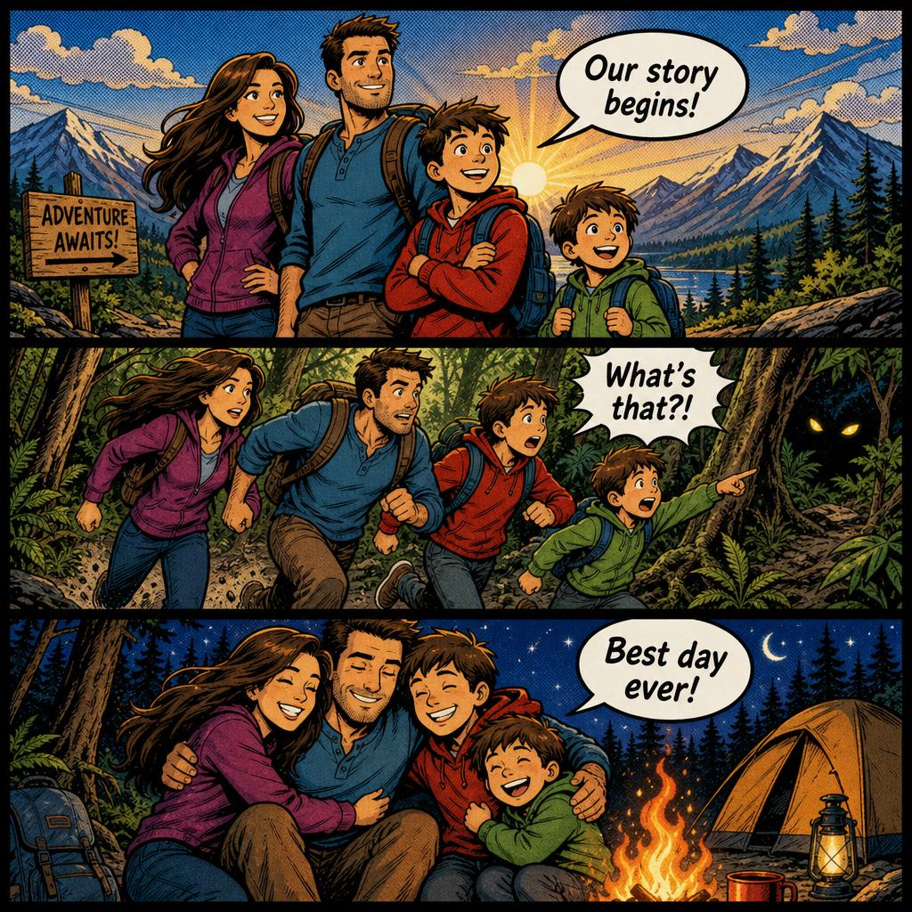 The same family illustrated as cartoon characters across three comic panels with speech bubbles