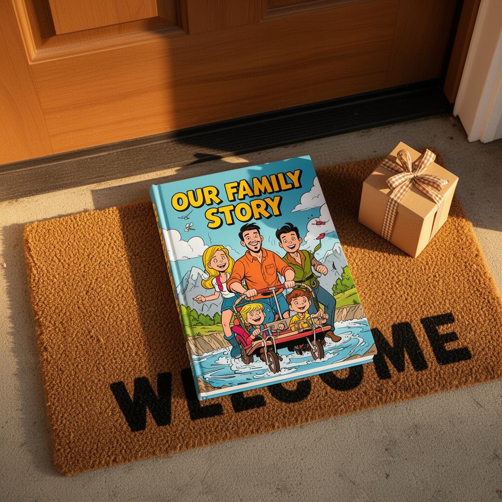 A printed hardcover comic of the family on the doormat next to a gift box