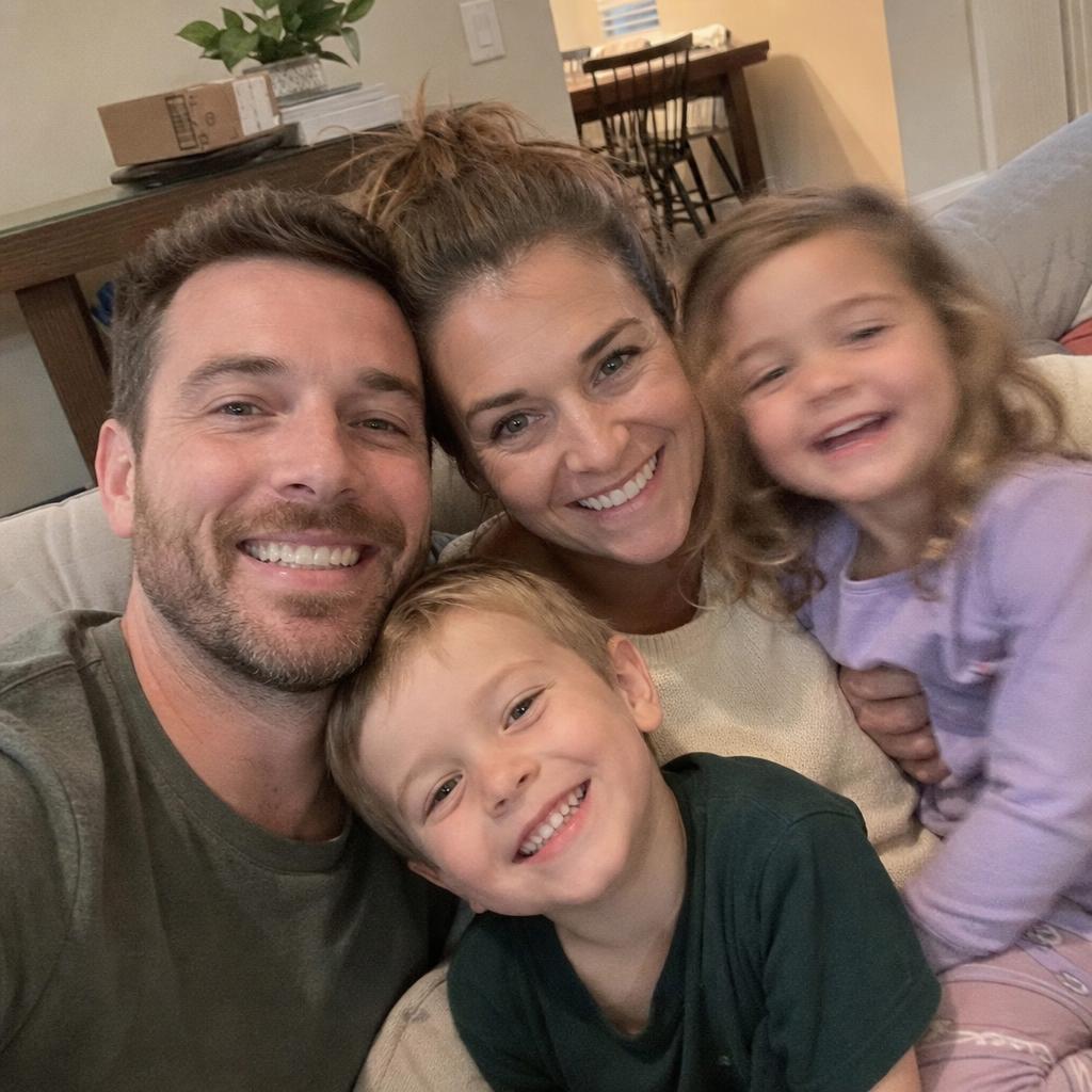 A real family photo of parents and kids smiling together on a couch