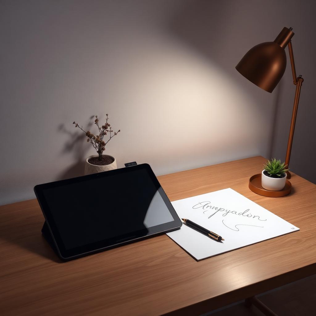 A modern comic studio at night with a drawing tablet, monitor showing comic panels, and warm desk lighting.