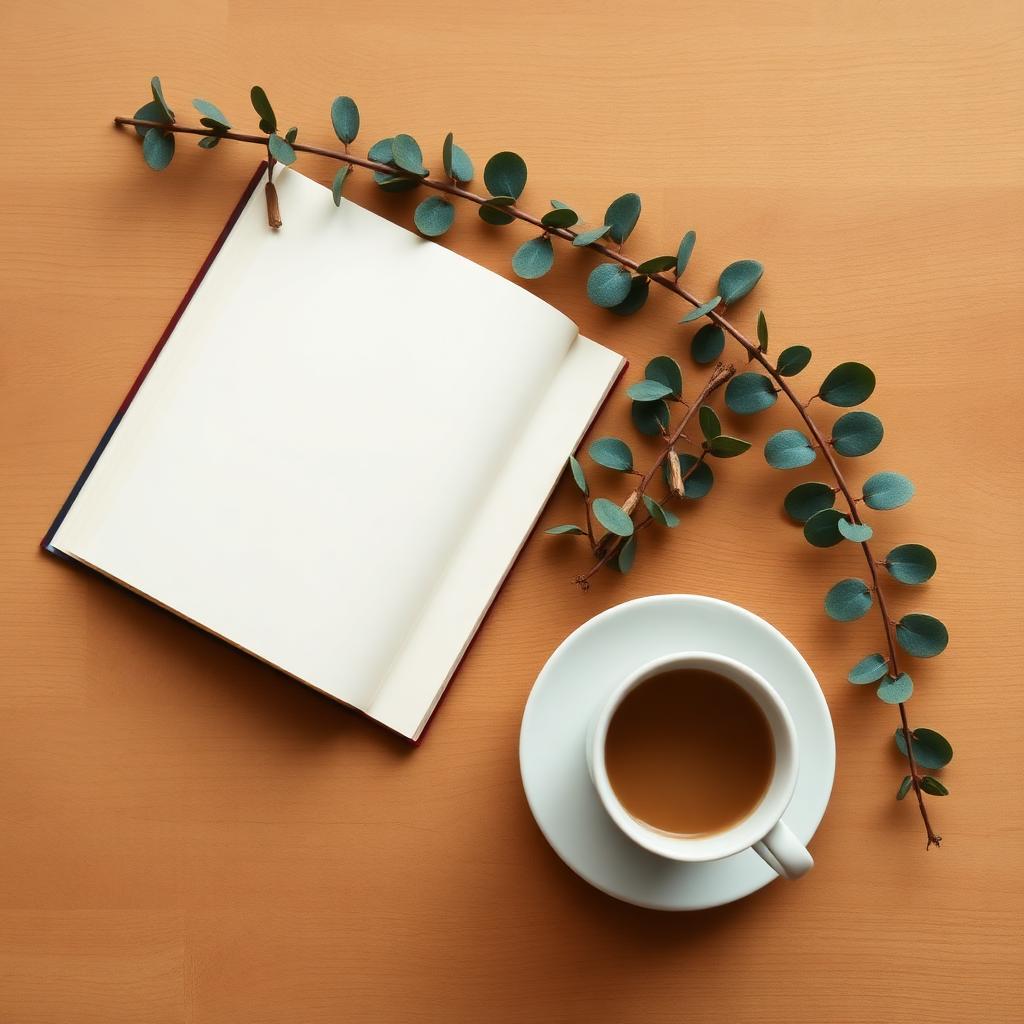 Flat lay of a personalized hardcover comic book with handwritten cards, coffee, and a wrapped gift.