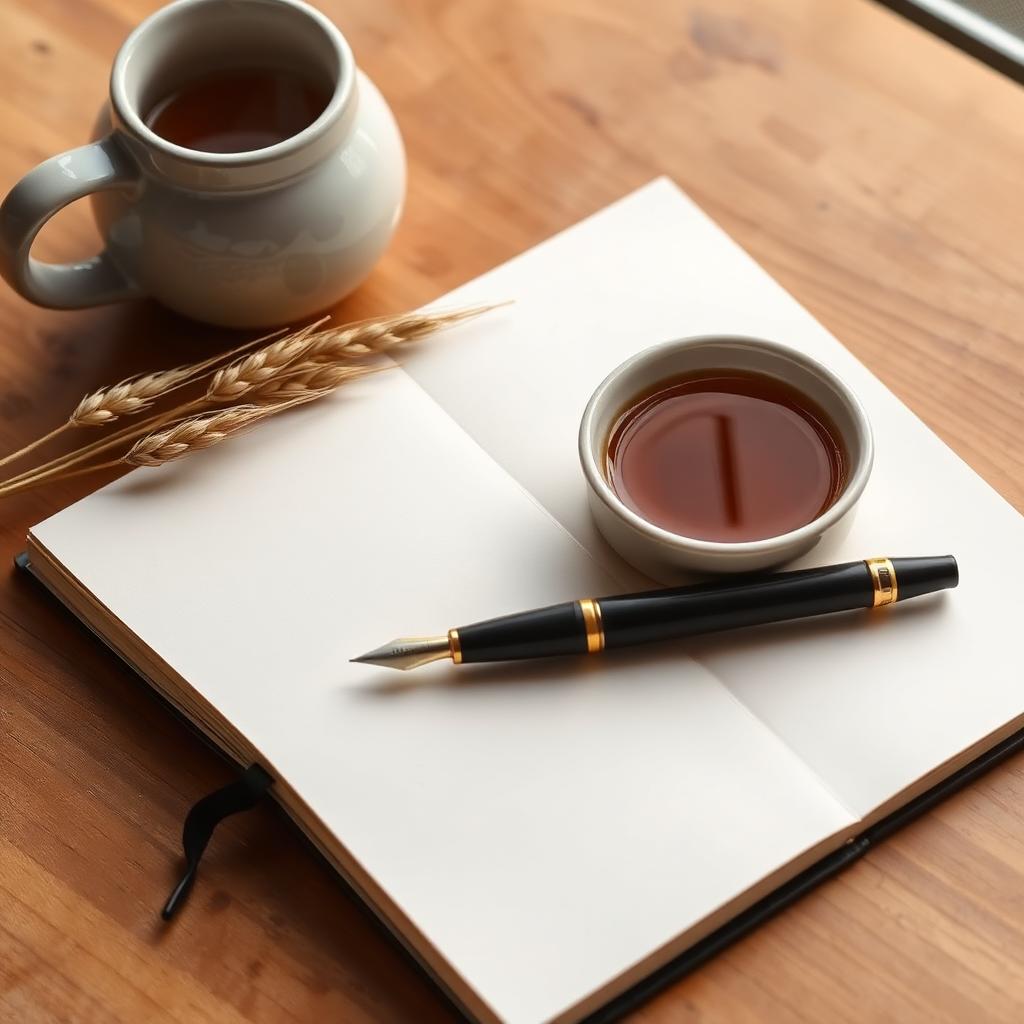An open notebook with handwritten story notes beside a laptop and coffee on a wooden desk.